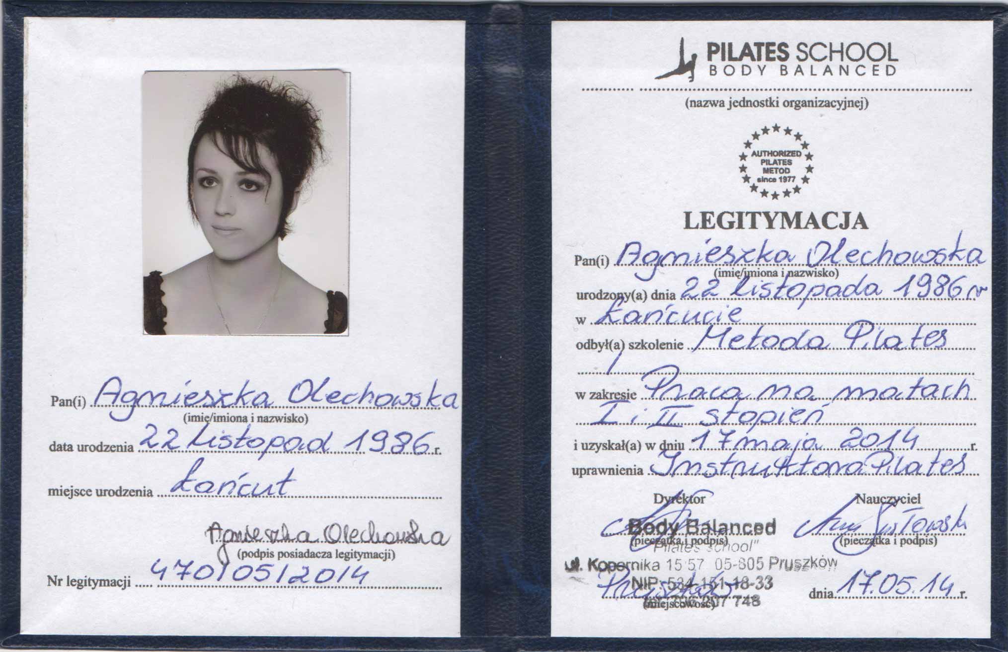 Legitymacja Instruktora Pilates (Body Balanced) II stopnia. Kwalifikacje Agnieszki Olechowskiej - Szkoła Jogi JoyFlowYoga Rzeszów.