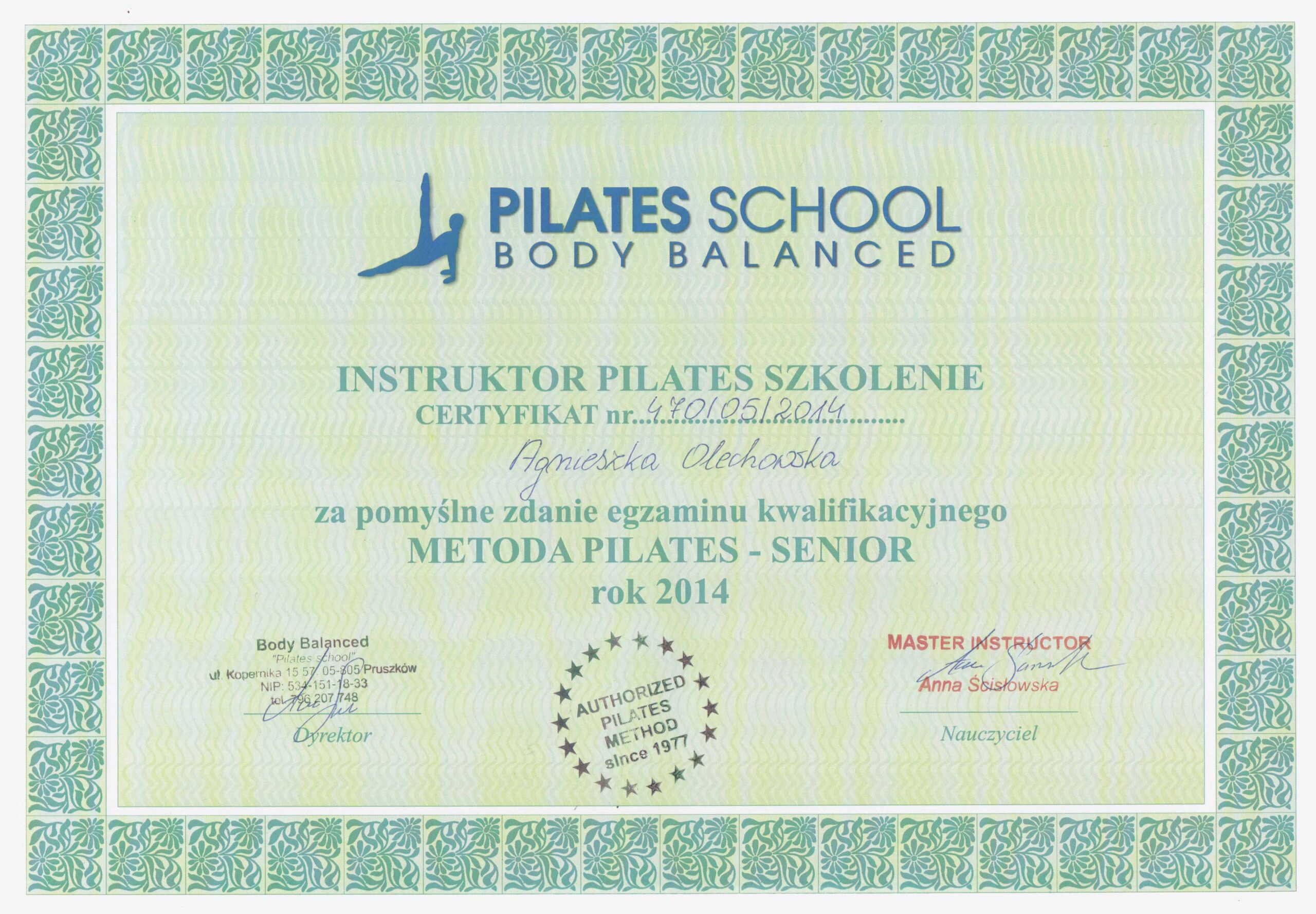 Certyfikat Instruktora Pilates - Metoda Pilates SENIOR (2014) Body Balanced. Kwalifikacje Agnieszki Olechowskiej - Szkoła jogi JoyFlowYoga Rzeszów.